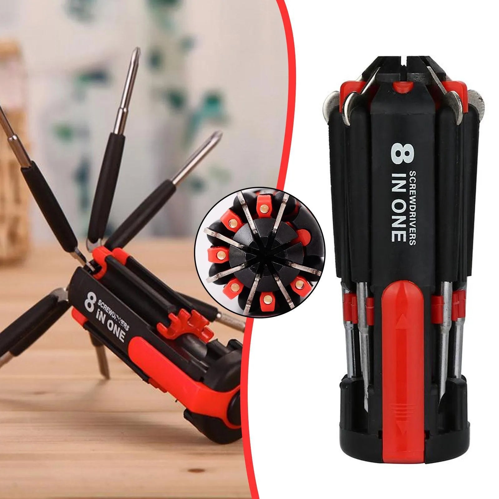 8-in-1 screwdriver with LED flashlight, magnetic bits, and stainless steel body on a workbench