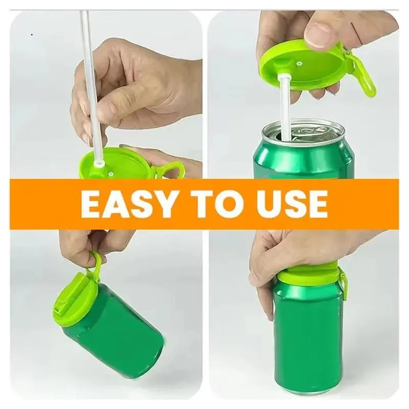 Reusable plastic soda can lid with straw in blue colour on a standard aluminium can