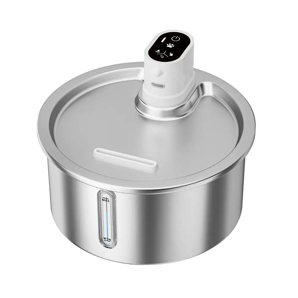 White stainless steel pet water fountain with constant temperature heating settings
