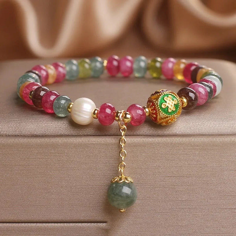 Natural colour tourmaline abacus beads jade bracelet with pearl accents for women ethnic style