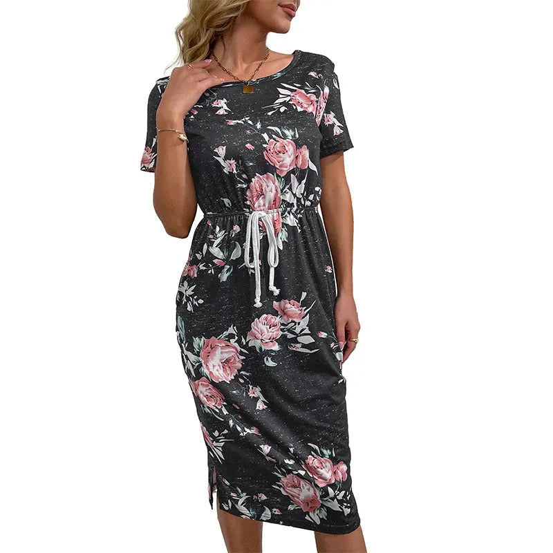 Casual women's black high waist printed dress made from polyester, front view
