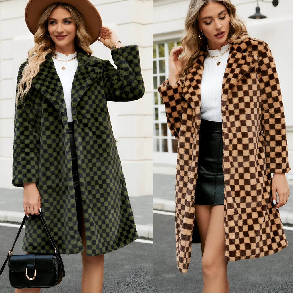 Women's mid-length plaid loose plush coat in brown plaid artificial fur polyester with conventional sleeves and 80cm length