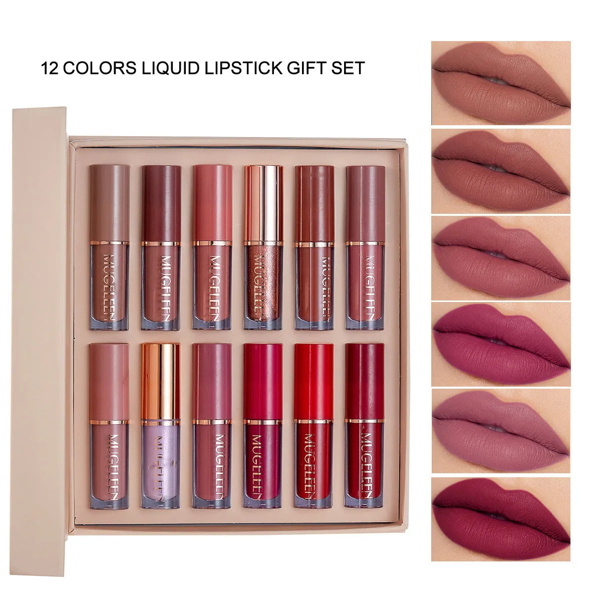 Matte shimmer lip glaze set with twelve transfer-resistant colours in neutral tones