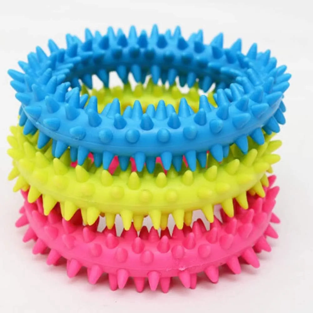 Blue TPR spiky circle ring dog chew toy for dental cleaning and bite-training.