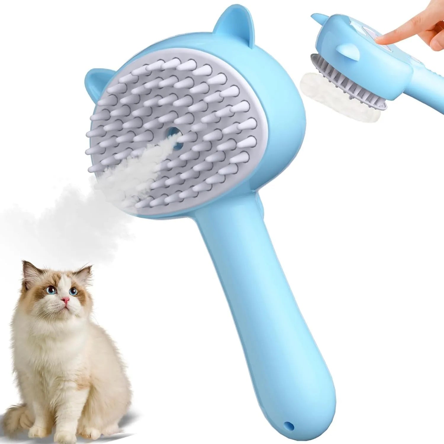 Blue 4-in-1 cat steam brush with ergonomic handle and rubber bristles for pet grooming