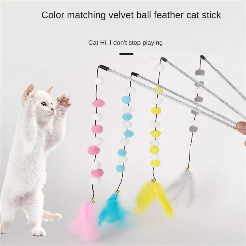 31cm cat teaser rod toy with bell and coloured feather attachments
