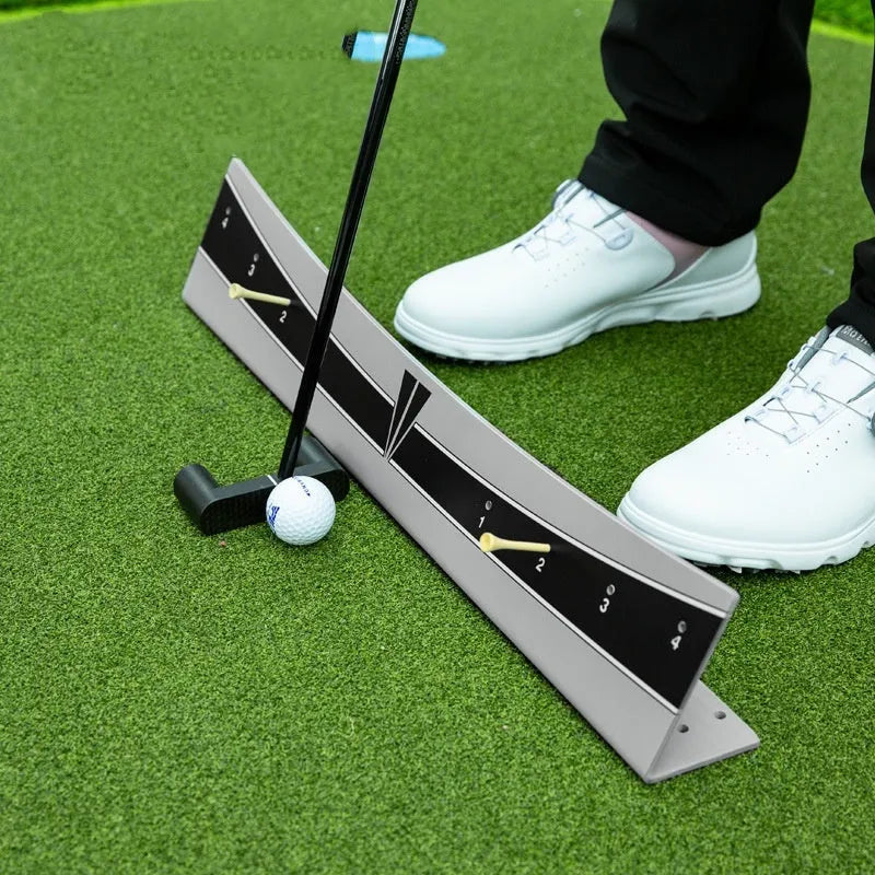 Golf putter trajectory balance simulator with adjustable push rod on a putting mat