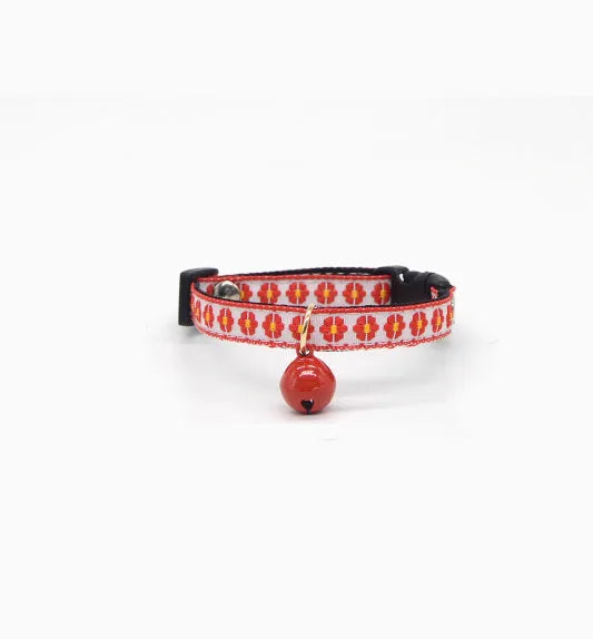Red plaid cat collar with silver bell on adjustable strap
