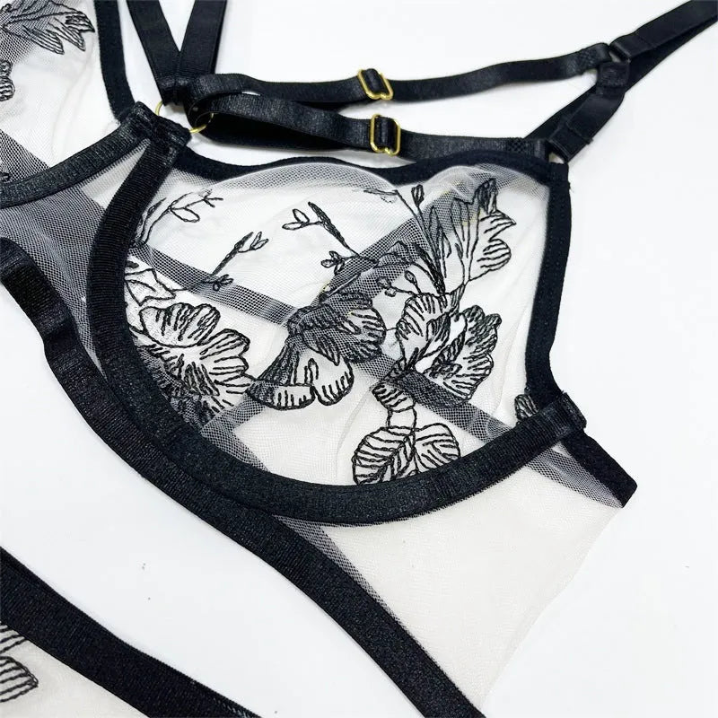 Black lace mesh floral print three-piece women's set with top, pants, and waist ring
