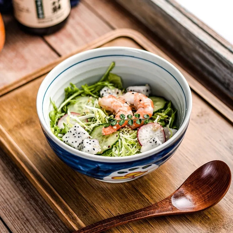 Ceramic round noodle bowl with underglaze hand-painted pattern in retro luxury style, 6 or 7 inch diameter