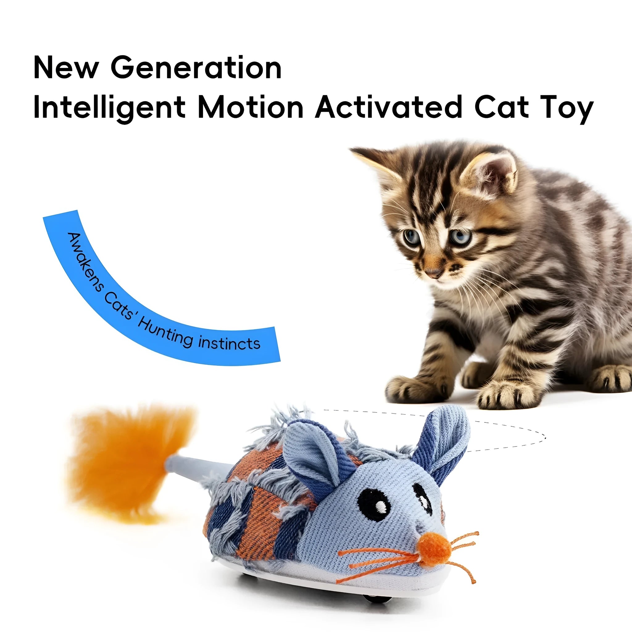 Electronic motion cat toy with moving mouse mechanism in blue or yellow colour, featuring detachable feathers and compact 18cm design