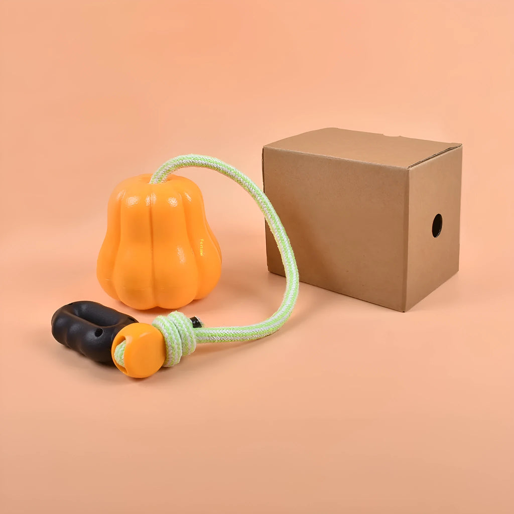 Plastic orange pumpkin-shaped dog molar chew toy with an attached rope for throwing.