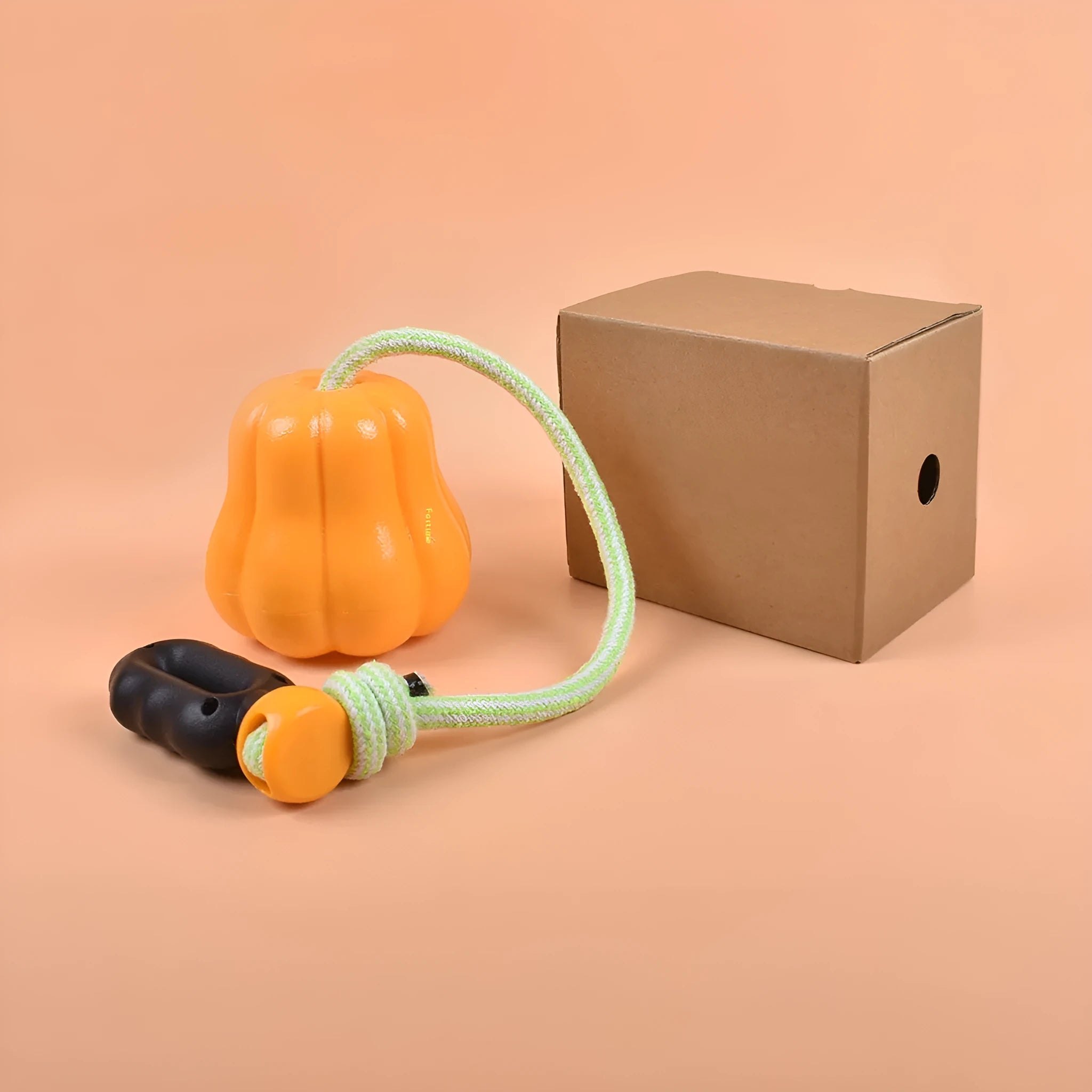 Orange plastic Bite Molar dog chew toy with an integrated rope for throwing.