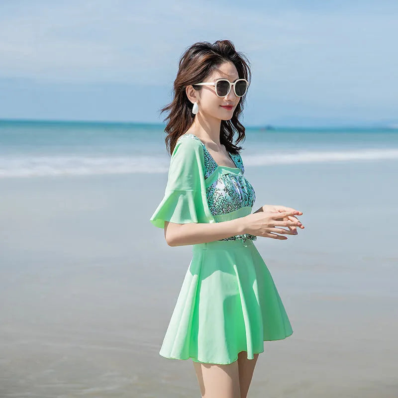 Women's one-piece swimsuit with seaside print pattern in chemical fibre blend fabric