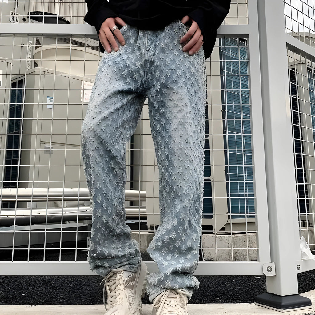 Bold jacquard full-print cotton denim jeans in blue, mid-rise with button fly, long leg streetwear style