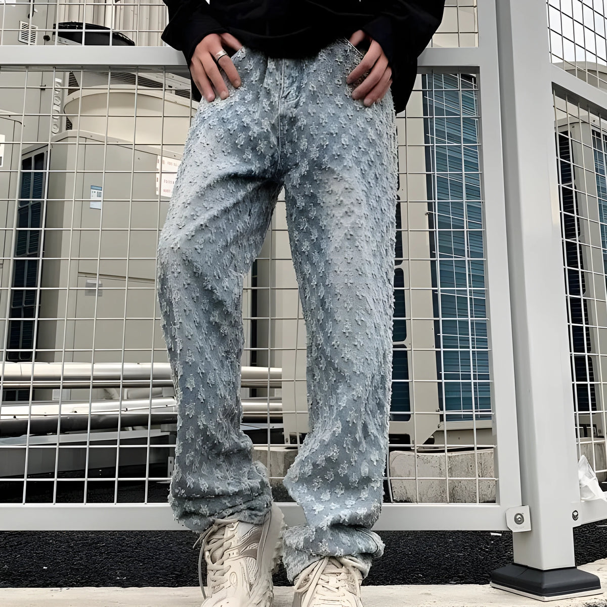 Bold jacquard full-print cotton denim jeans in blue, mid-rise with button fly, long leg streetwear style
