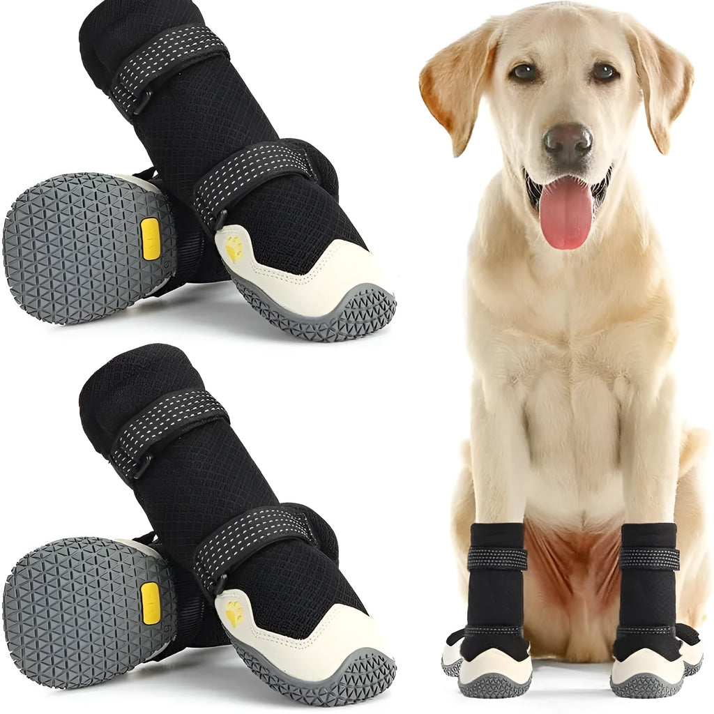 Set of soft-soled dog shoes in black cloth gray with rubber sole for no heel slippage on medium to large dogs