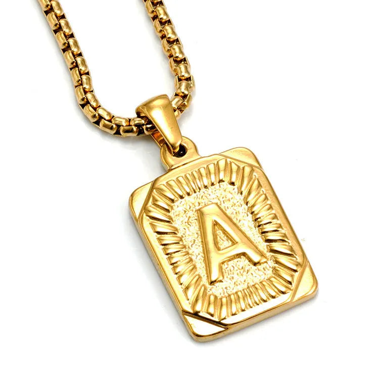 Gold-plated 18K titanium steel letter pendant necklace on a pearl chain, unisex design, gold colour