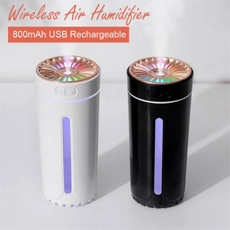 Black portable USB rechargeable humidifier with colourful LED lights on car cup holder