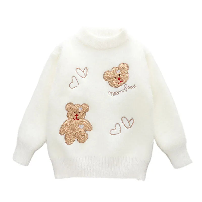Mink fur plush children knitted sweater for girls, solid colour with cartoon and letter print, pullover style