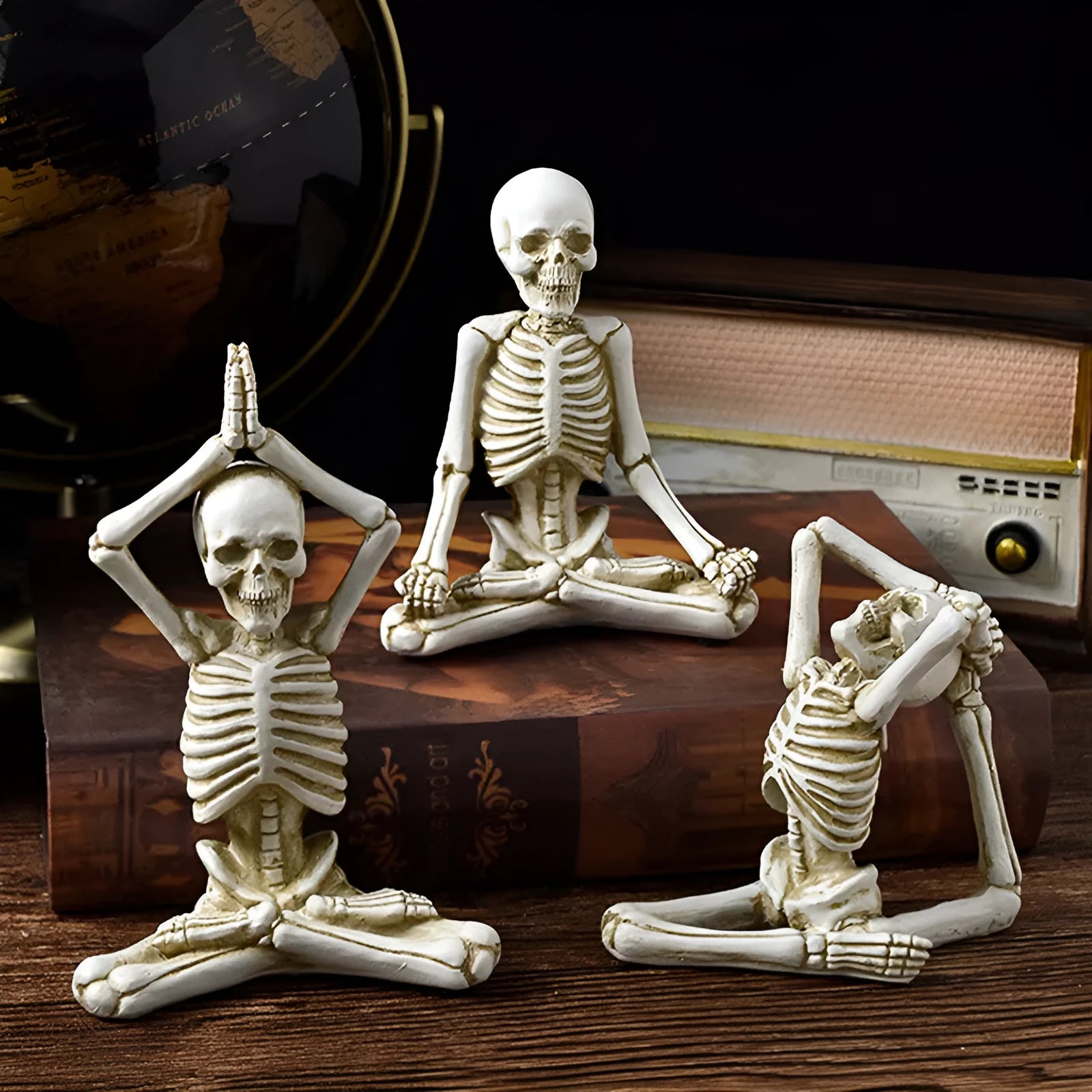 Detailed yoga skull skeleton model resin desktop ornament in black or white.