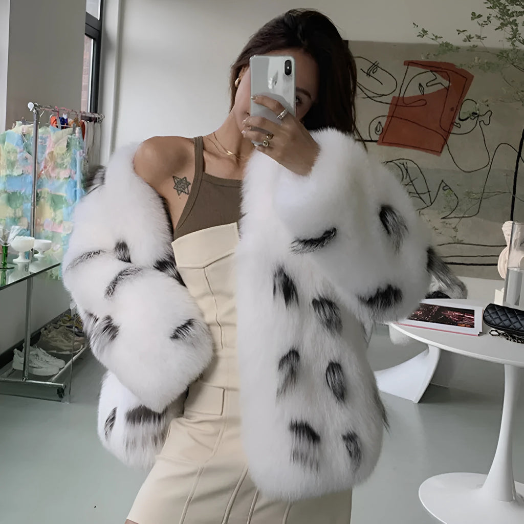 Black and white women's plus size Korean-style slim fit faux fur coat with short length.
