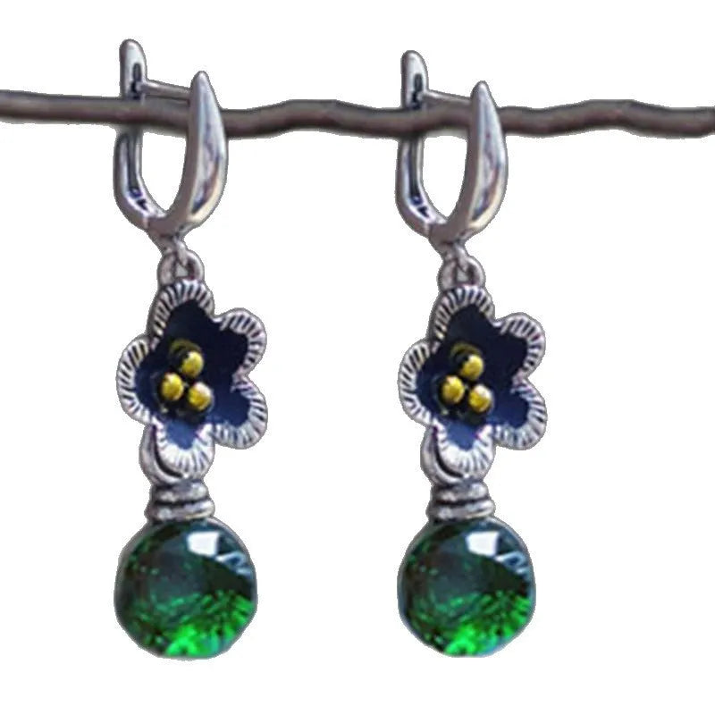 Handmade ethnic style silver alloy long earrings with micro inlay plum petal geometric design