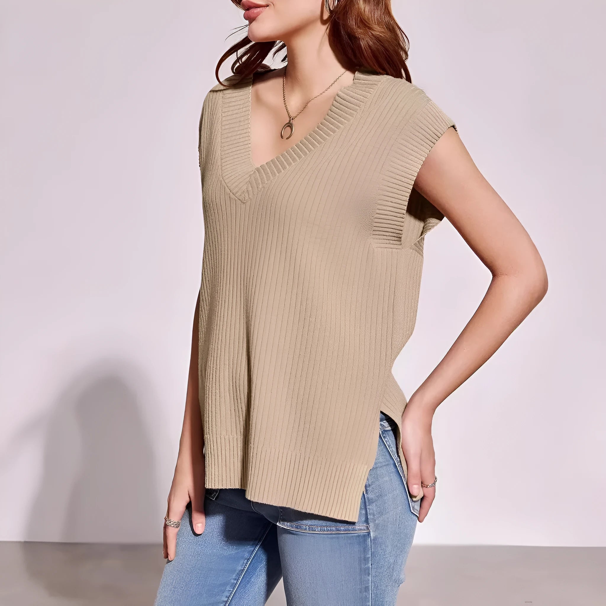 V-neck sleeveless pullover vest in viscose fabric available in camel and white colours
