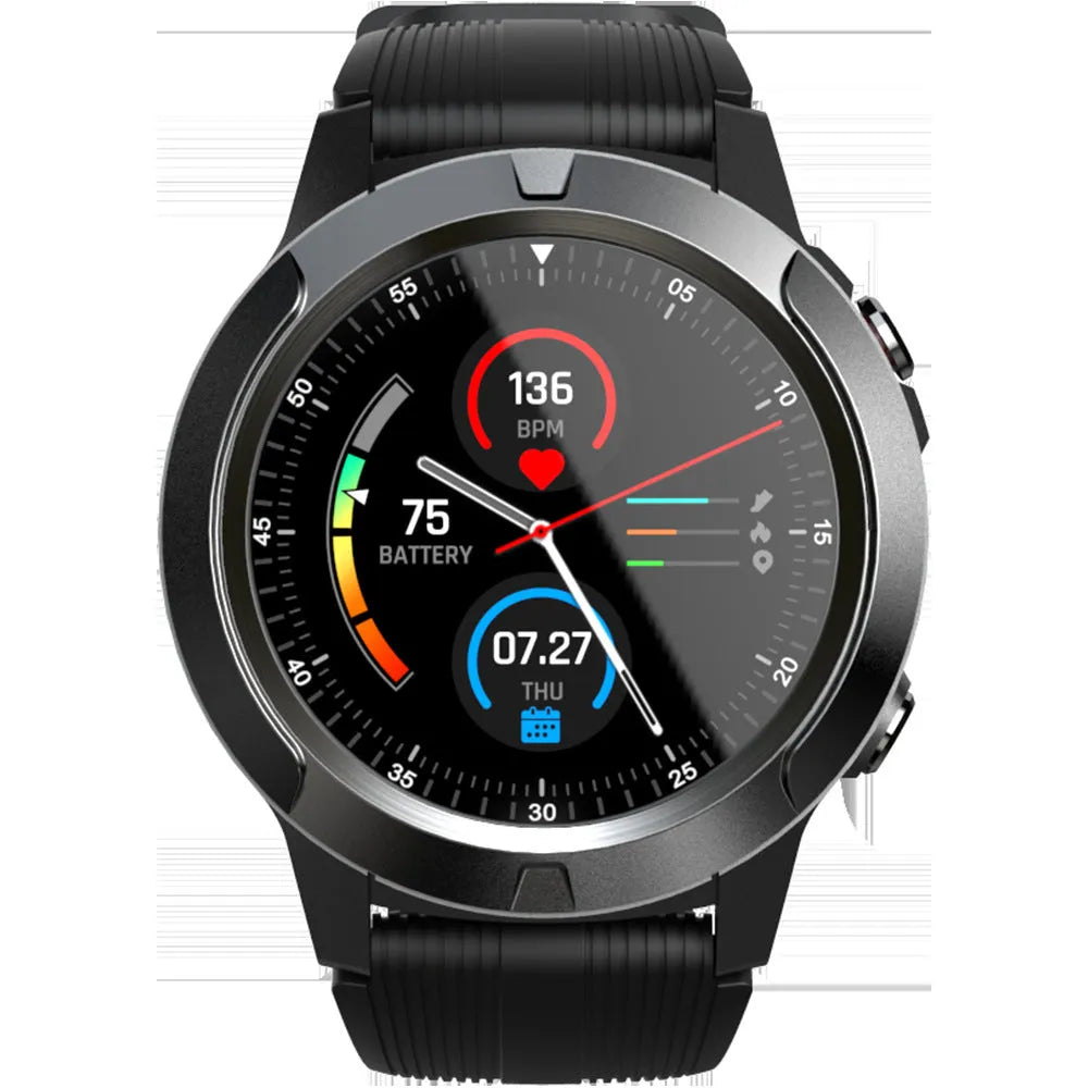 Black smart watch for men with 1.3-inch screen showing fitness tracking interface