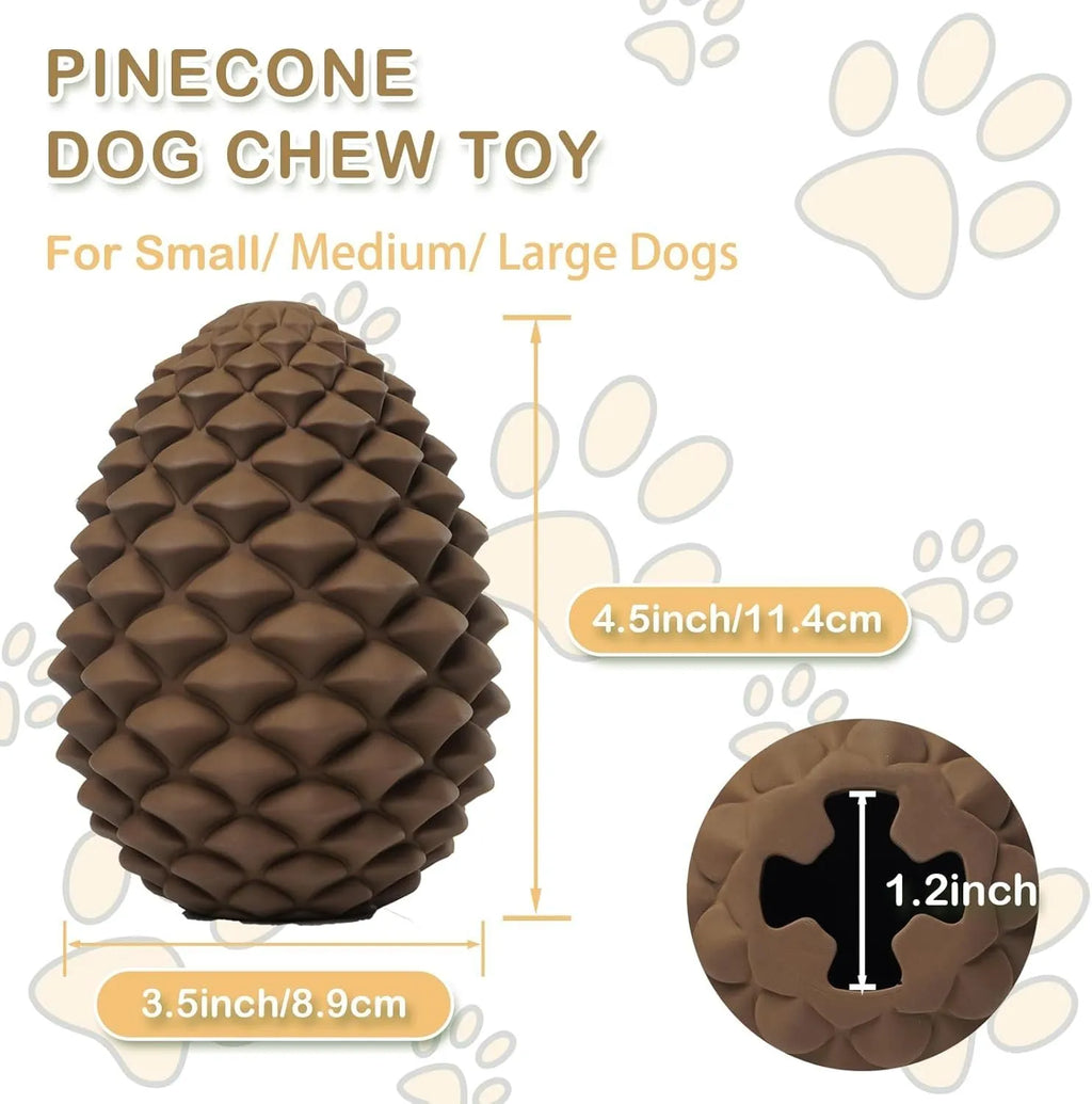 Yellow pine cone-shaped natural rubber dog chew toy with treat dispenser on a white background.
