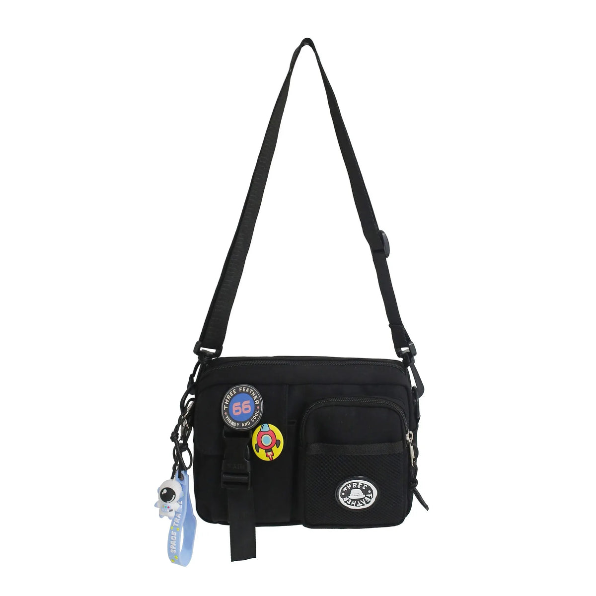 Casual nylon messenger bag for men and women, 22 x 6 x 17 cm, in black milky white grey or blue with two badge pendants