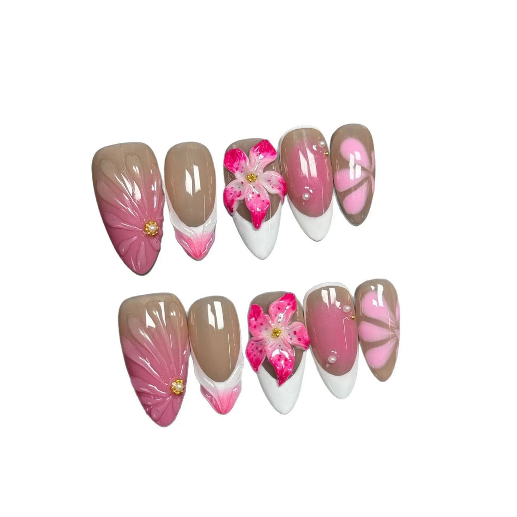 3D French style lily and ice flower plastic nail decoration in almond shape on a nail.