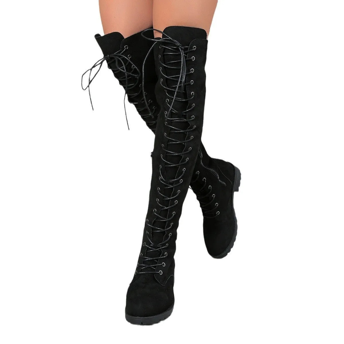 Black lace-up over-the-knee boots with a round toe, flat rubber sole, and decorative leather stitching on the upper.