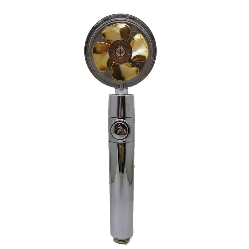 Blue handheld shower head with stop button and turbo nozzle on a chrome bracket.
