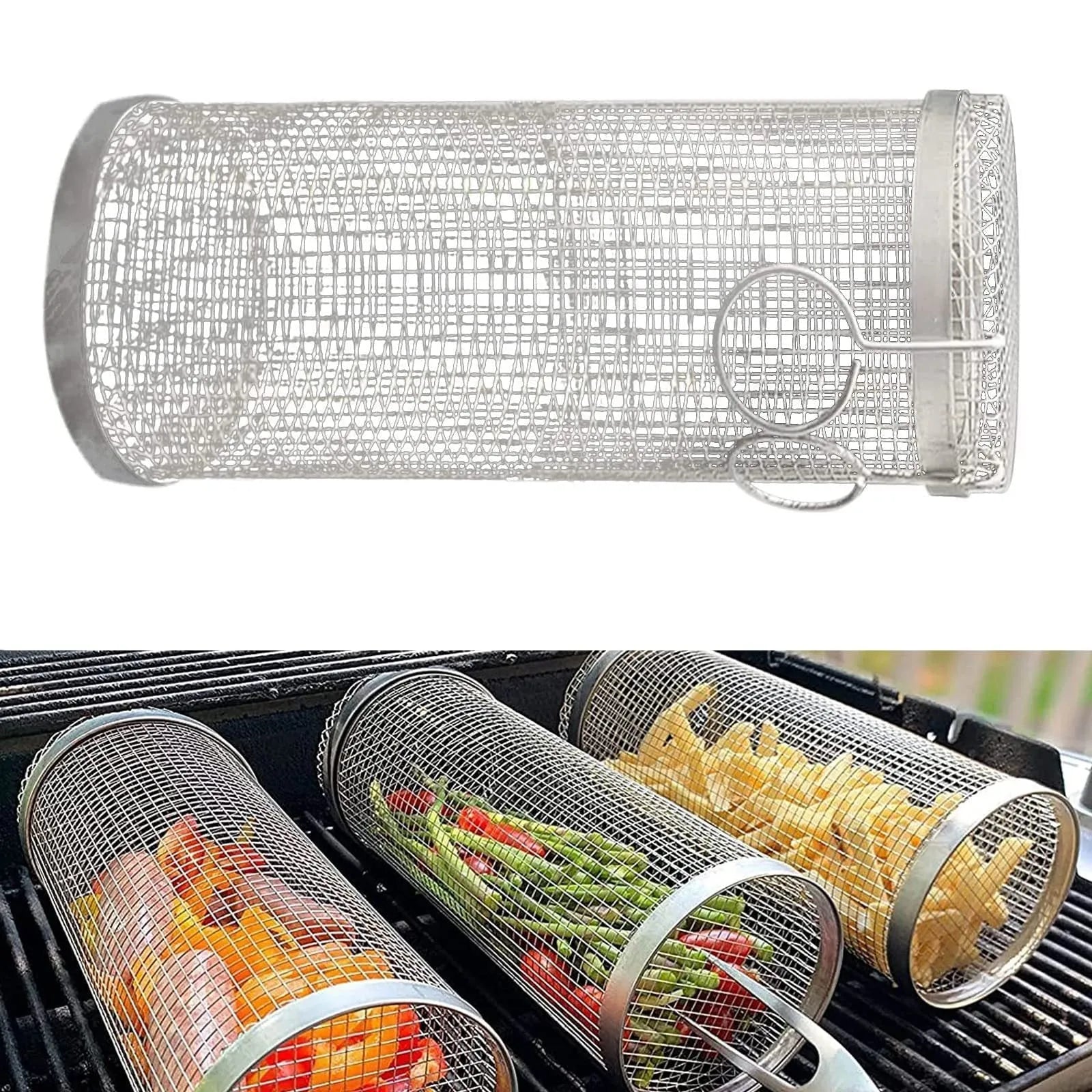 A cylindrical iron wire mesh rolling barbecue basket with a metal hook for handling.