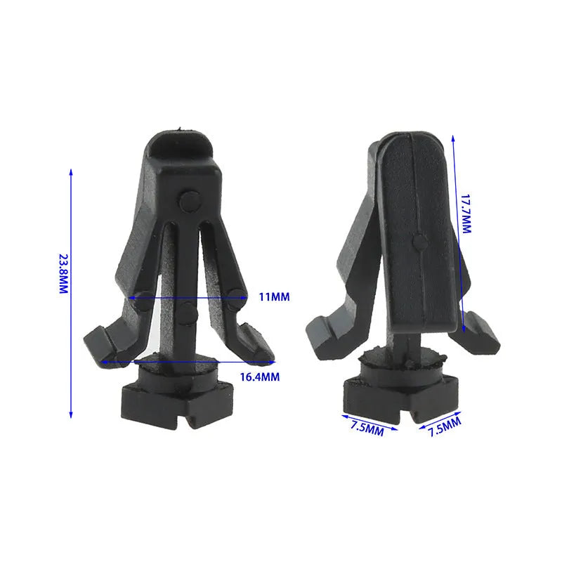 Black plastic fastening clip for Nissan bumper cover to radiator grille mounting