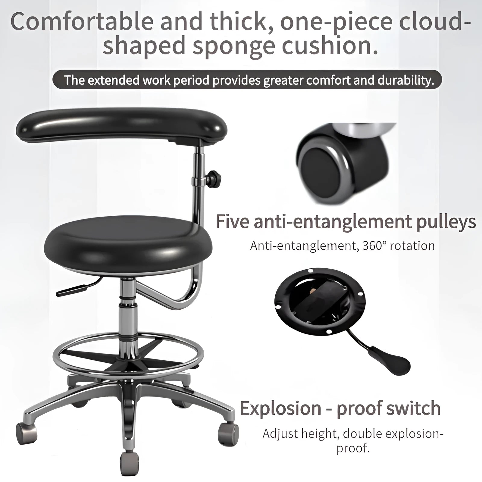 Black leather dental chair with lift mechanism for dental clinics