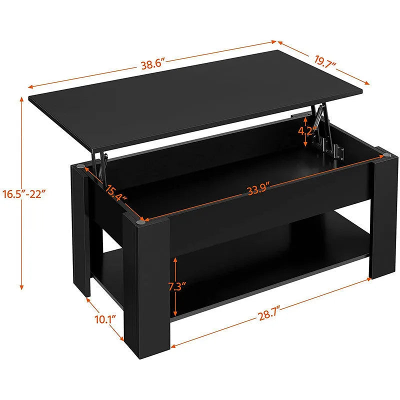 Black lifting coffee table with plate-type top and adjustable height mechanism in modern design
