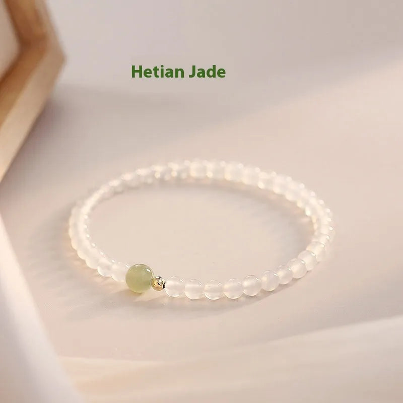 White agate women's bracelet with New Chinese style design showing polished beads and 15cm length