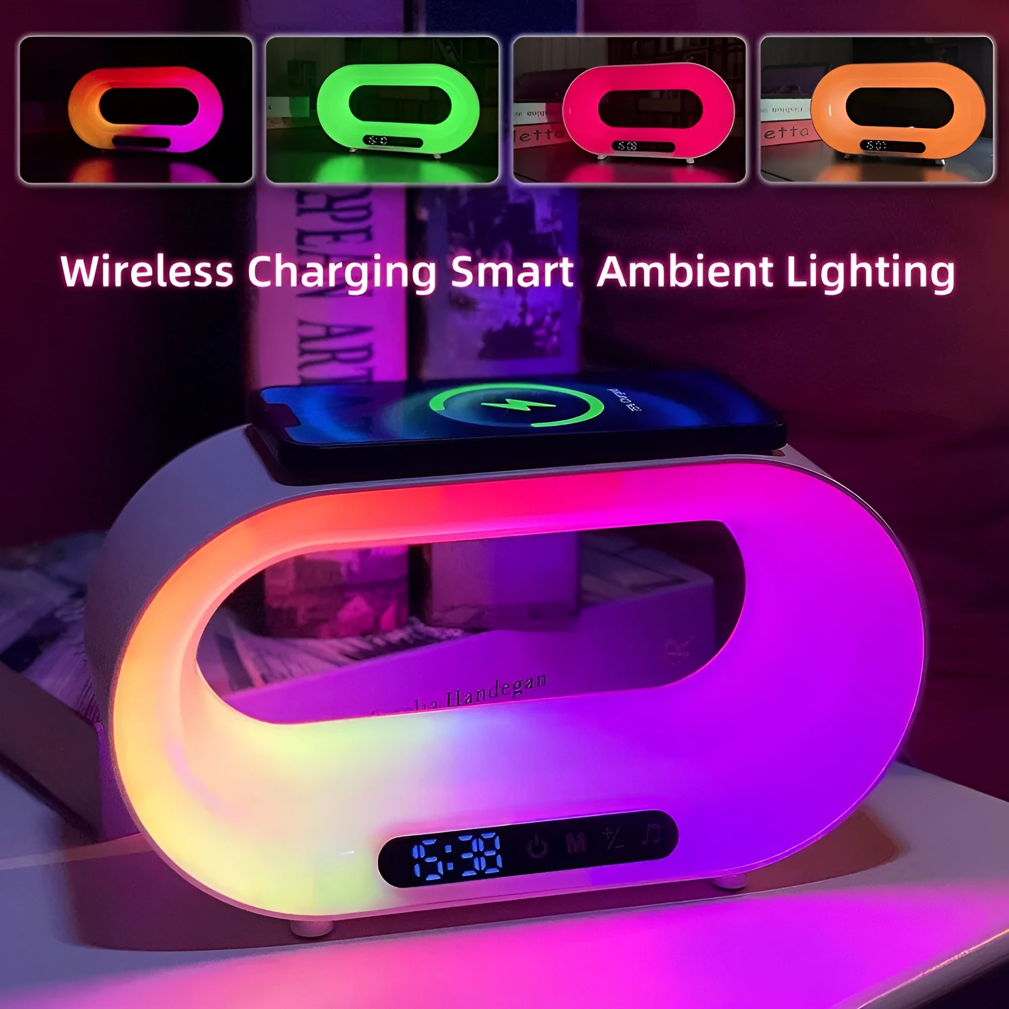 White smart desk lamp with wireless charging pad, LED lighting and alarm clock display