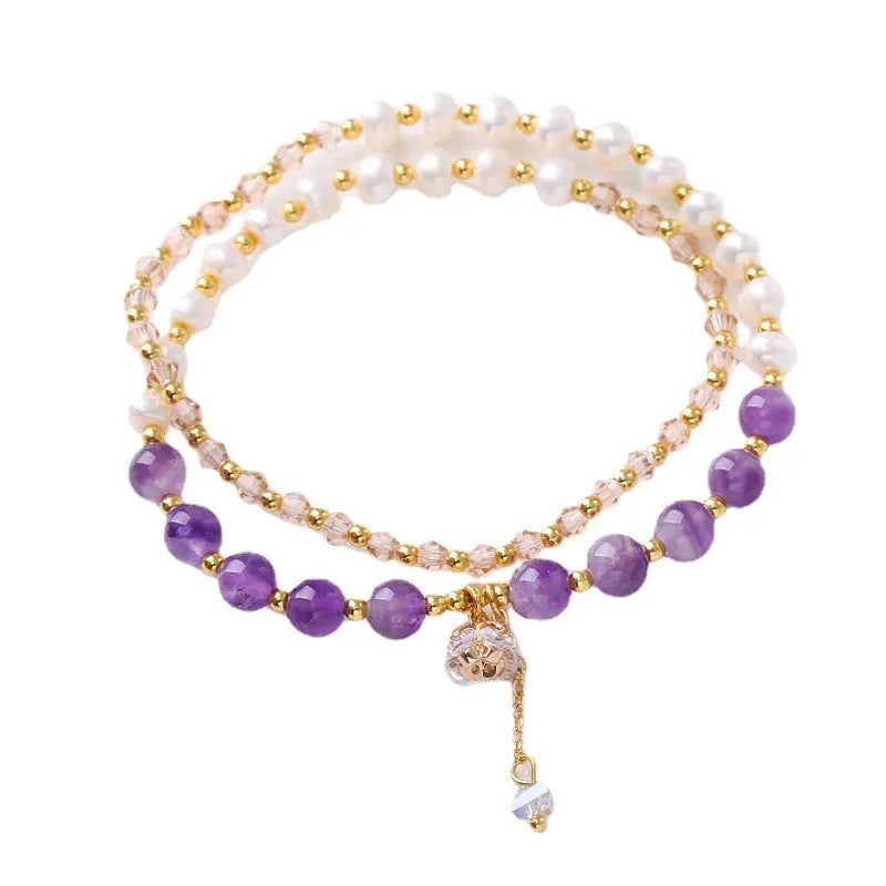 Freshwater pearl double ring bracelet with crystal beads in choice of three colours