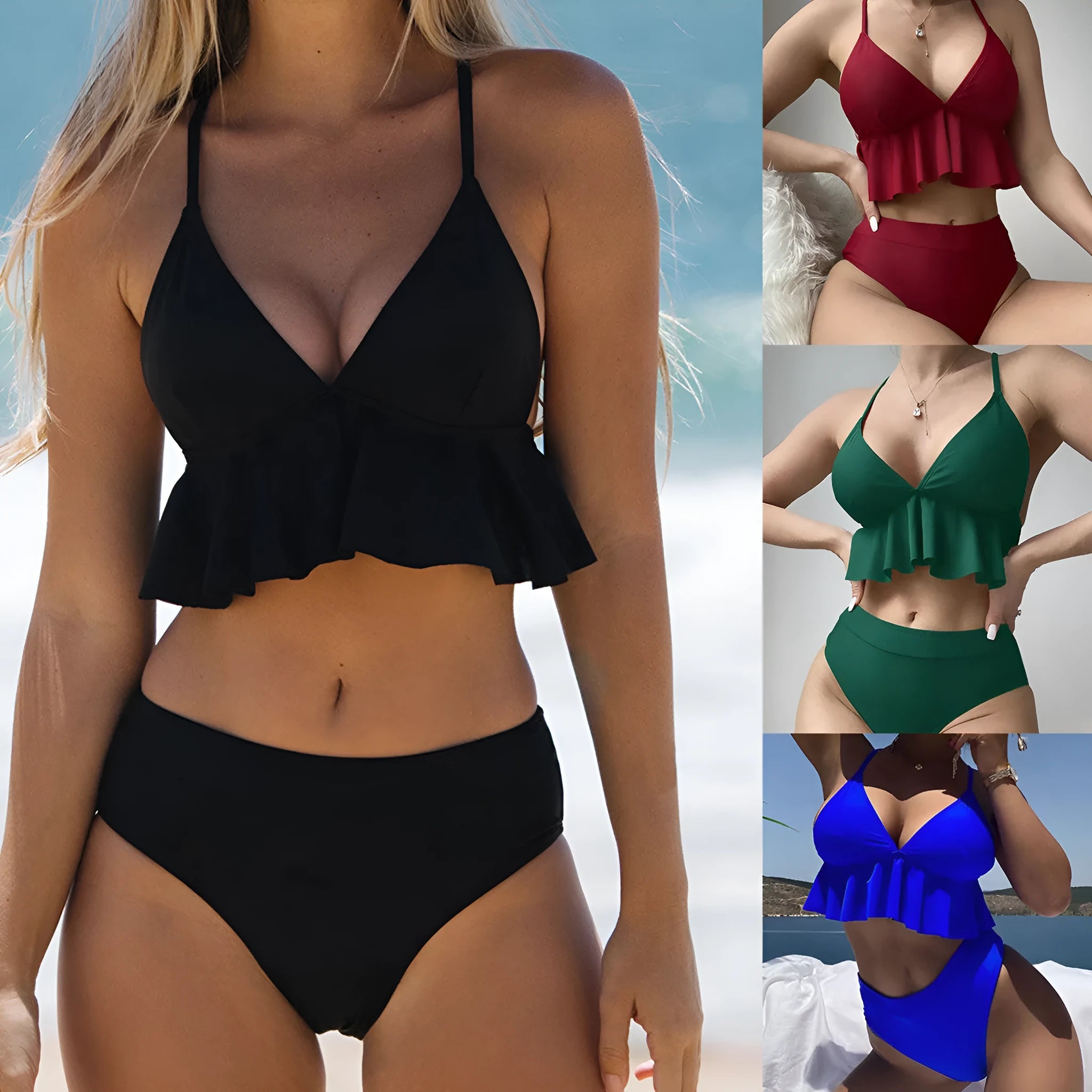 Women's solid colour split bikini swimsuit in black on a model