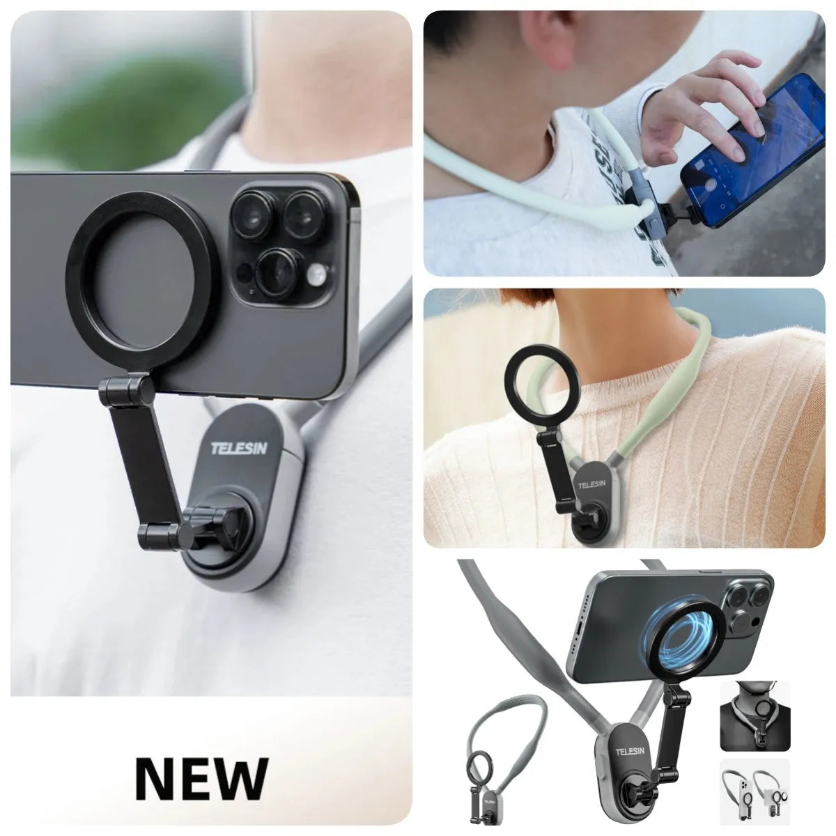 Grey silicone magnetic phone neck mount with aluminium strip and quick release magnetic plate