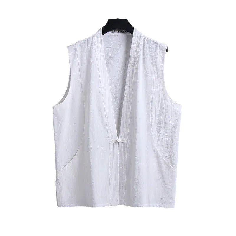 Men's grey linen sleeveless vest with a loose fit, shown on a hanger.