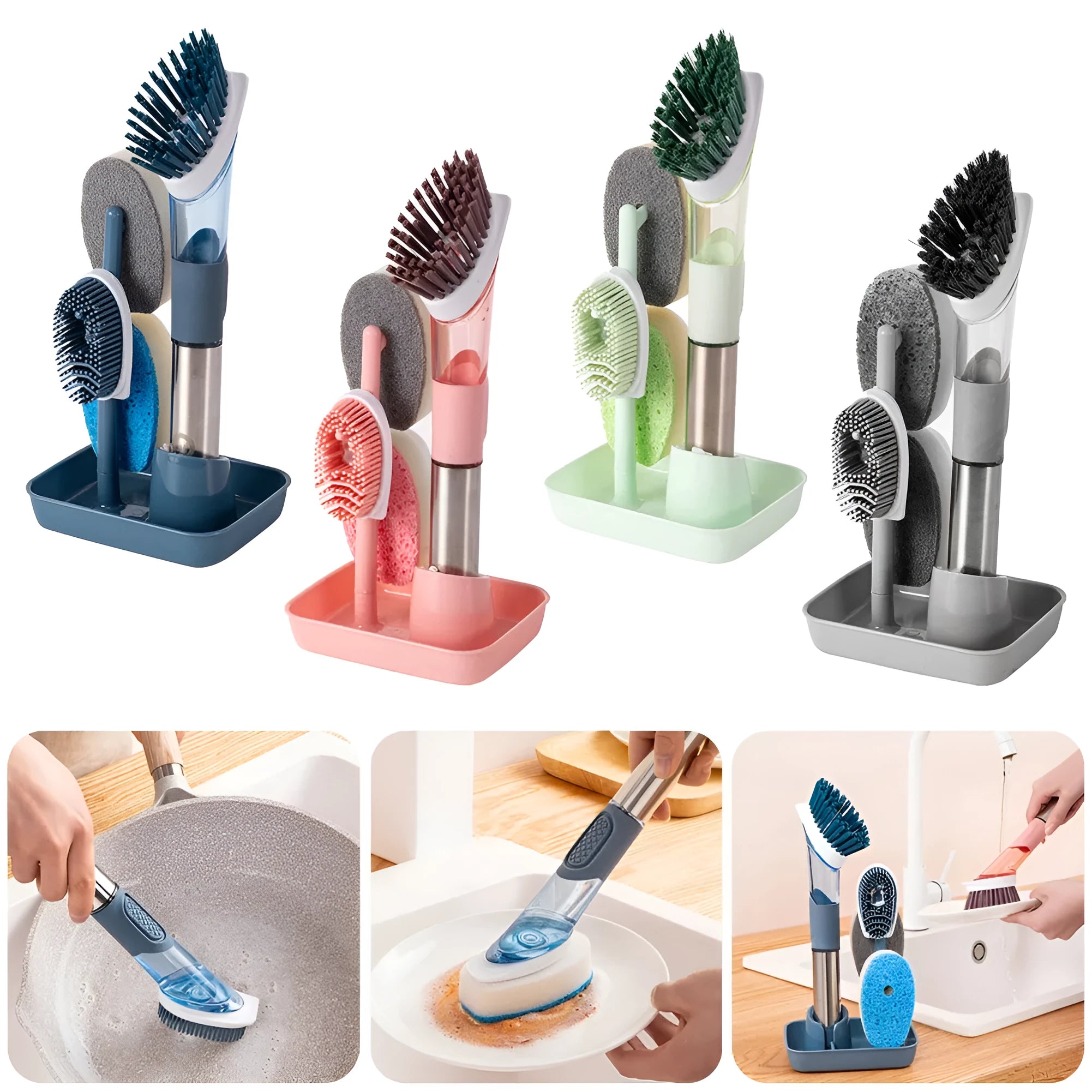 Blue long-handled kitchen dish brush with built-in soap dispenser button, sponge, and scouring block.