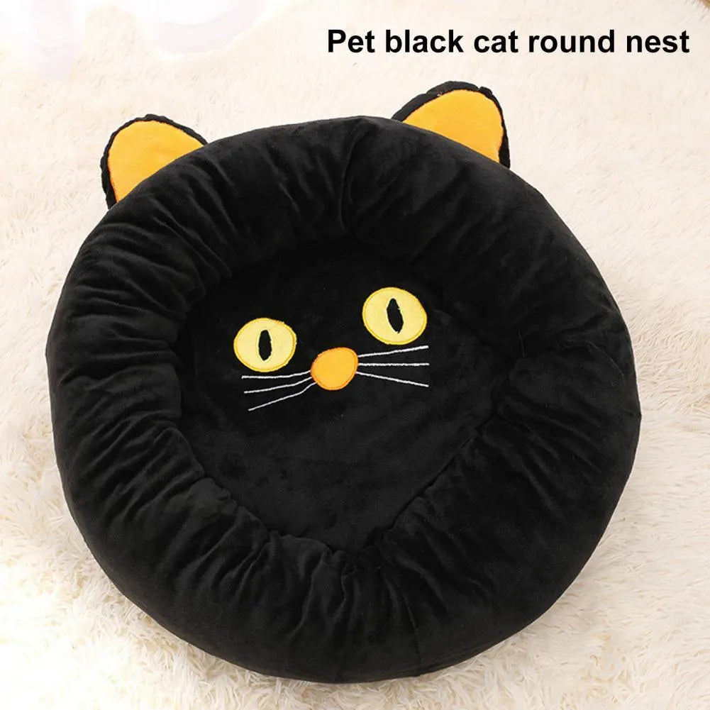 Black cat-shaped velvet pet nest bed with raised edges in two size options