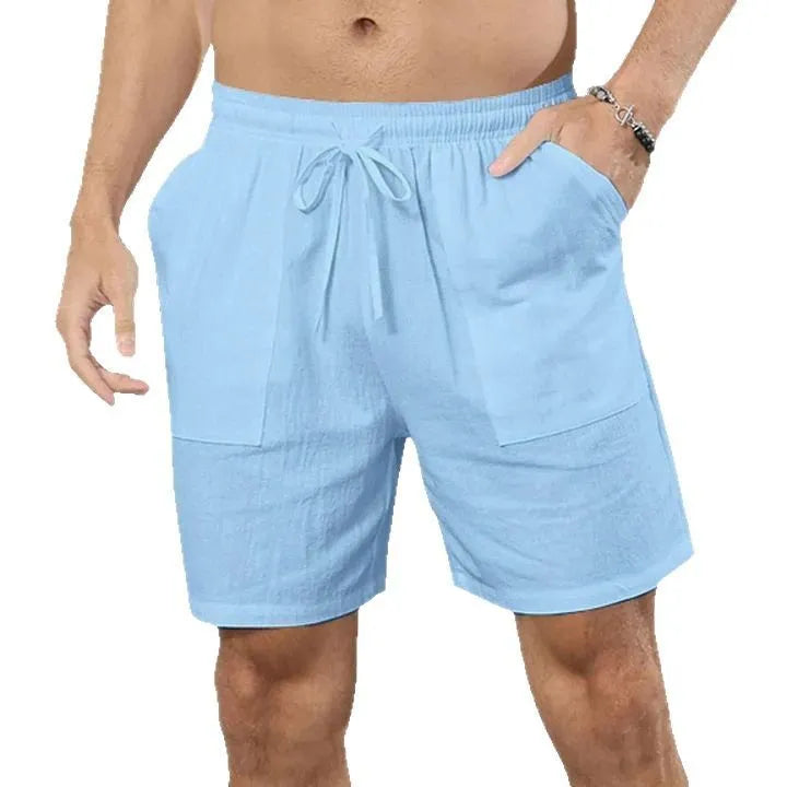 Men's casual cotton linen shorts in light blue colour with straight leg sports design