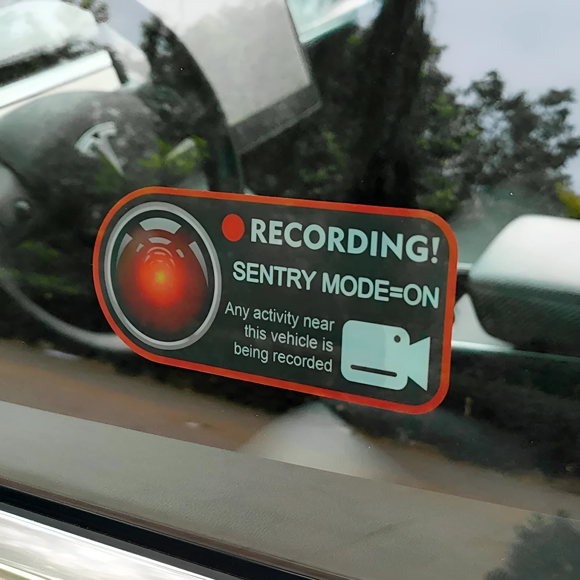 Tesla Sentry Mode warning sticker pair for car windows, PVC electrostatic design