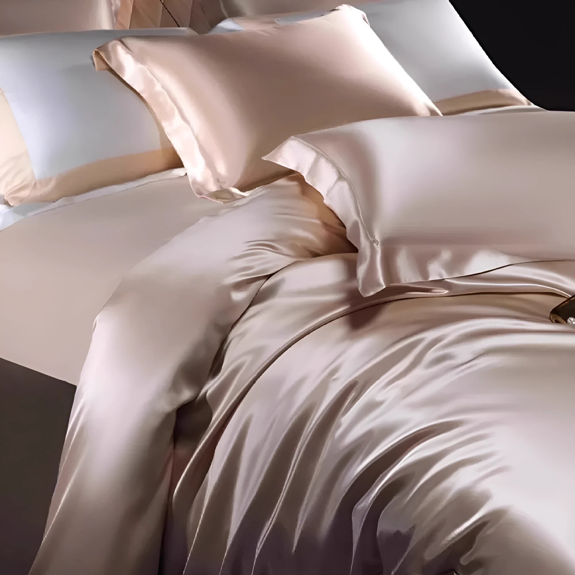 Household Fashion silk duvet cover and pillowcases in Morandi Pink colour on a bed