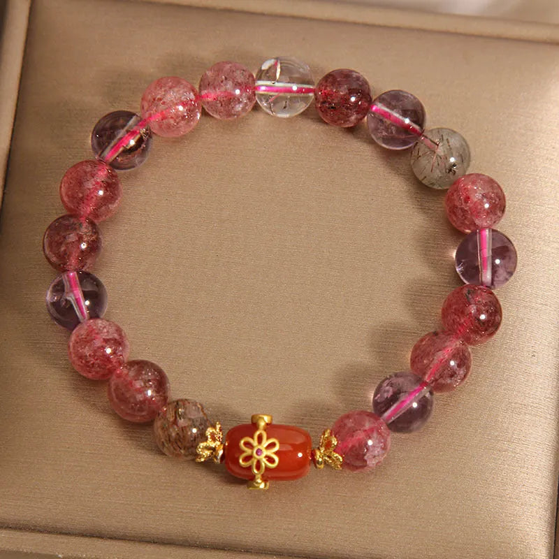 Natural Super Seven crystal bracelet with white beads and red agate accents in cartoon style